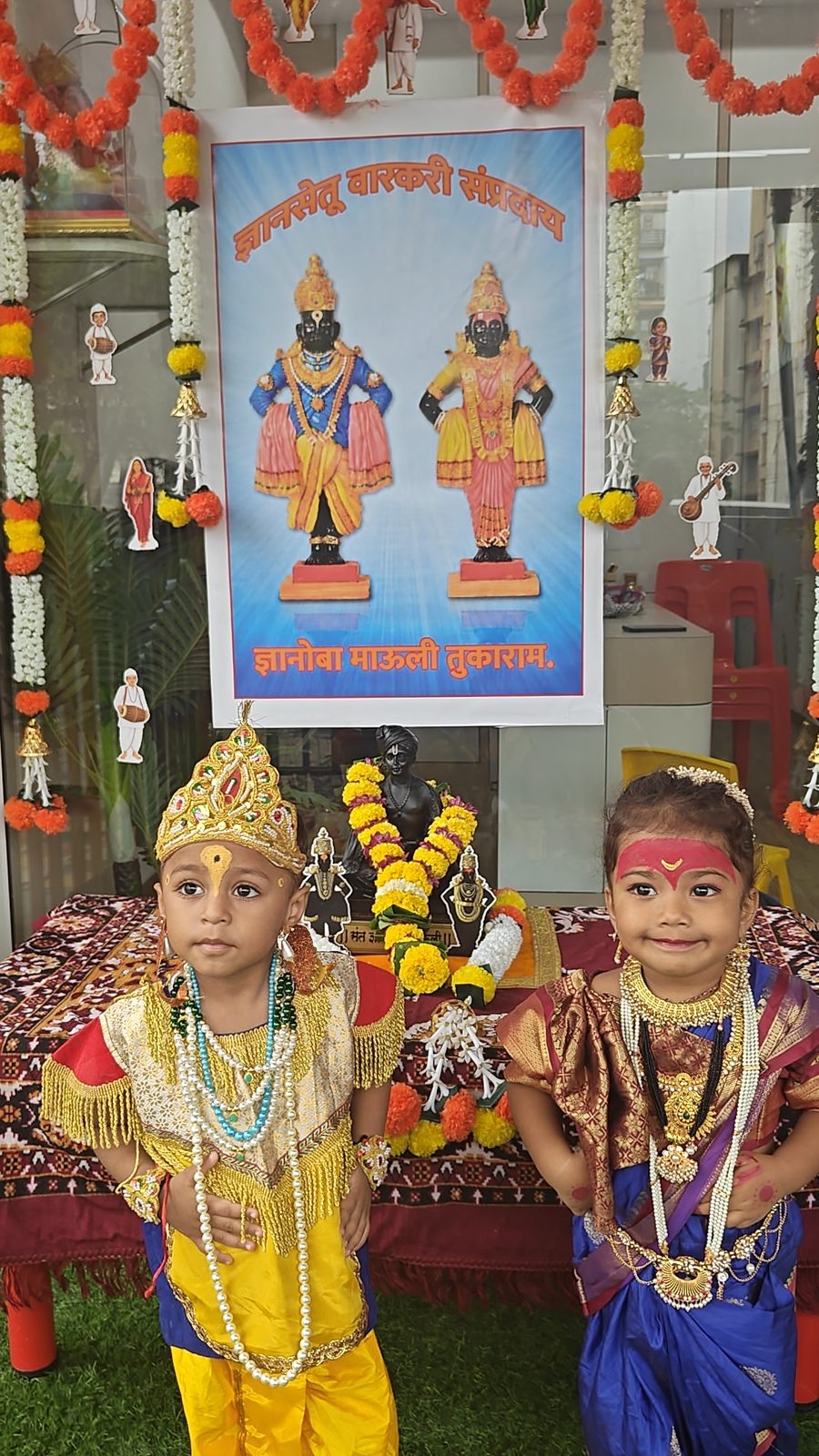 Our little Vaari — Vithoba and Rakhumai, dressed by small warkaris, the way lakhs walk to Pandharpur.