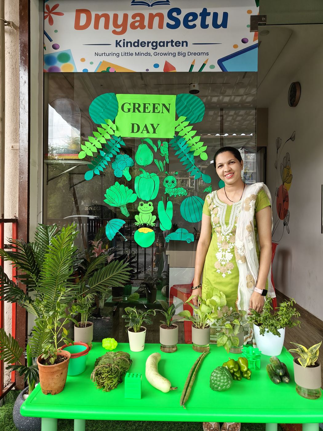 Green Day — real plants, green vegetables, and a very green table.